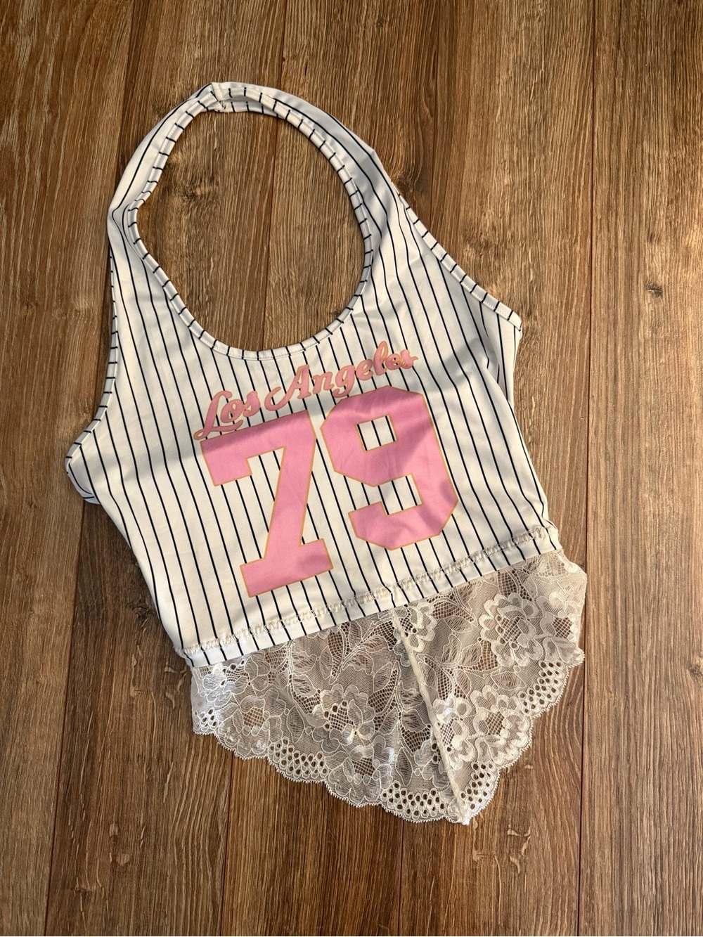 Striped Los Angeles 79 Lace-Hem Crop Tank Top in Pink and White-Upcycled